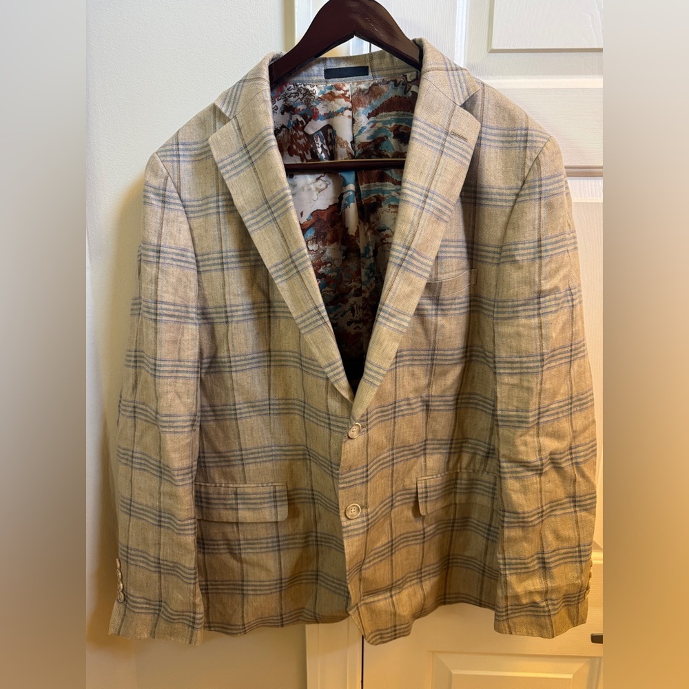 TALLIA Tan and Blue Plaid Sport Coat 46 R